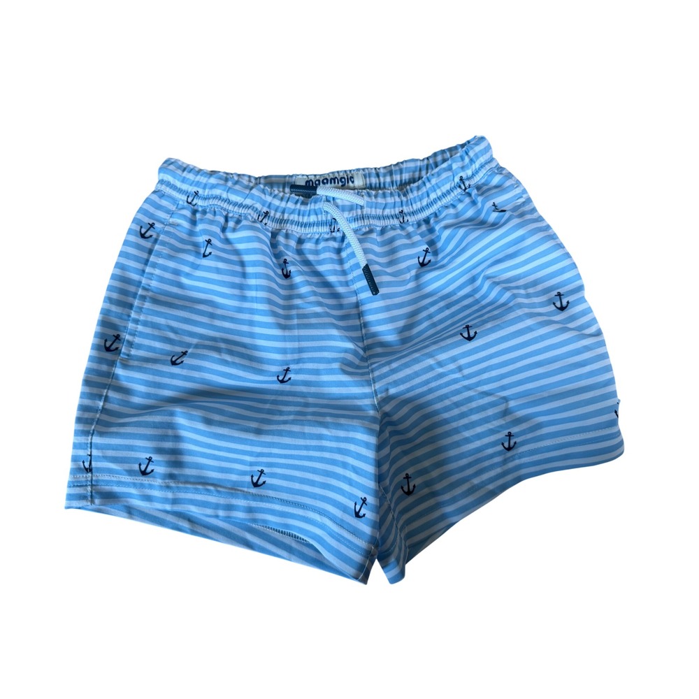 Maamgic blue and white striped anchor print youth swim trunks